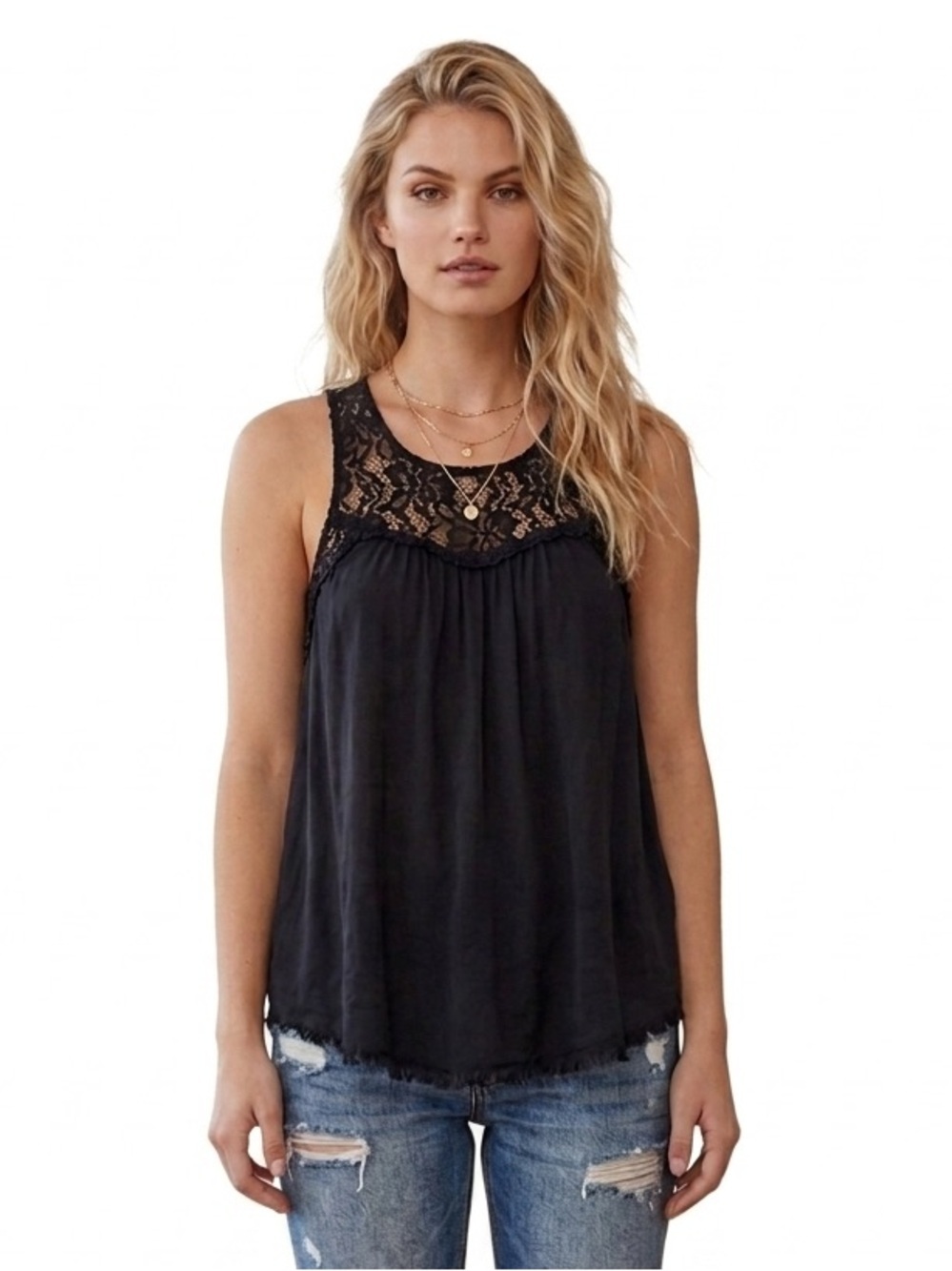 Aritzia Wilfred Silk Lace A Line Lace Boho Flowy Top Crew Black Racerback Full